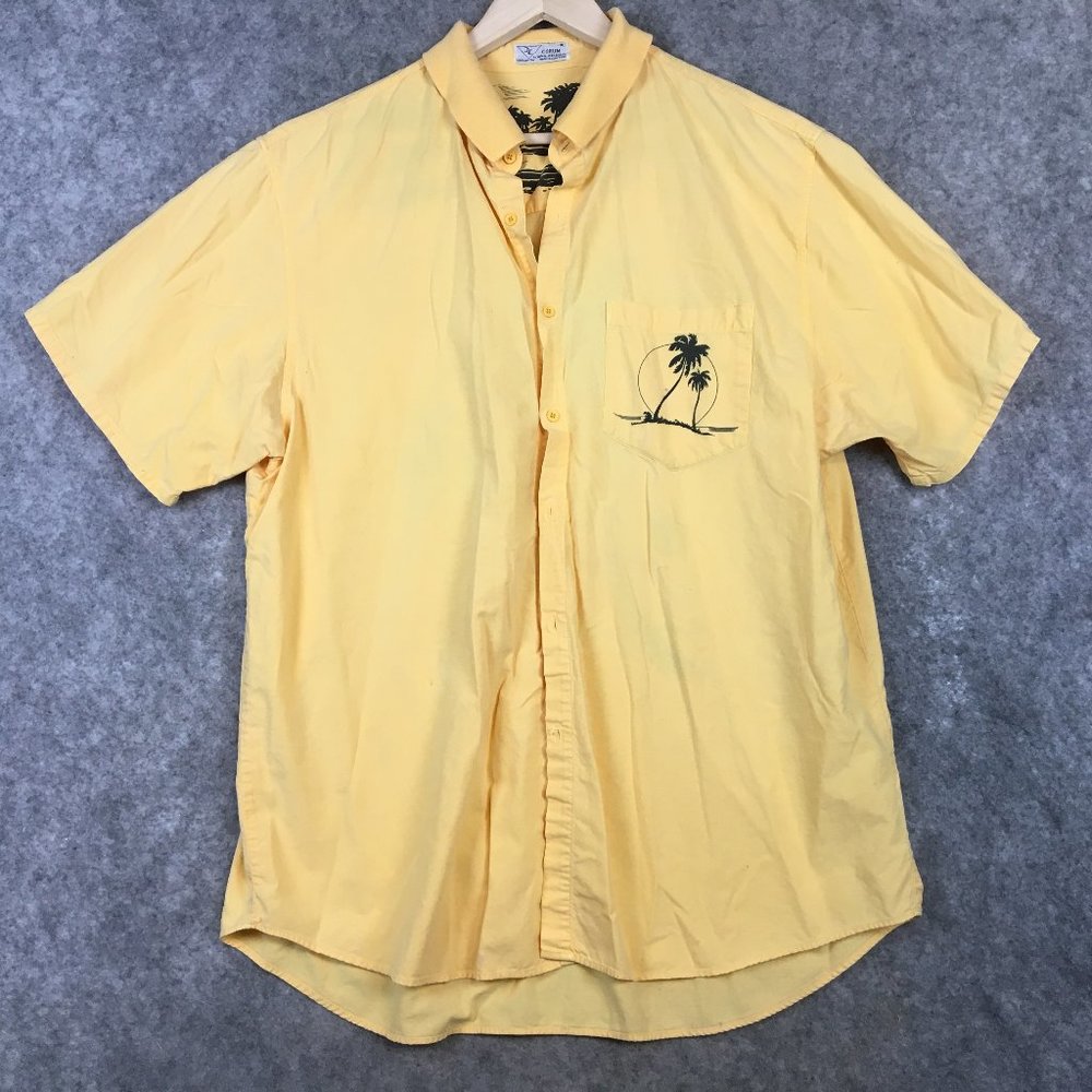 Vintage 90s Button Up Shirt XL Yellow Hawaiian Knit to Woven Tropical Short Slee